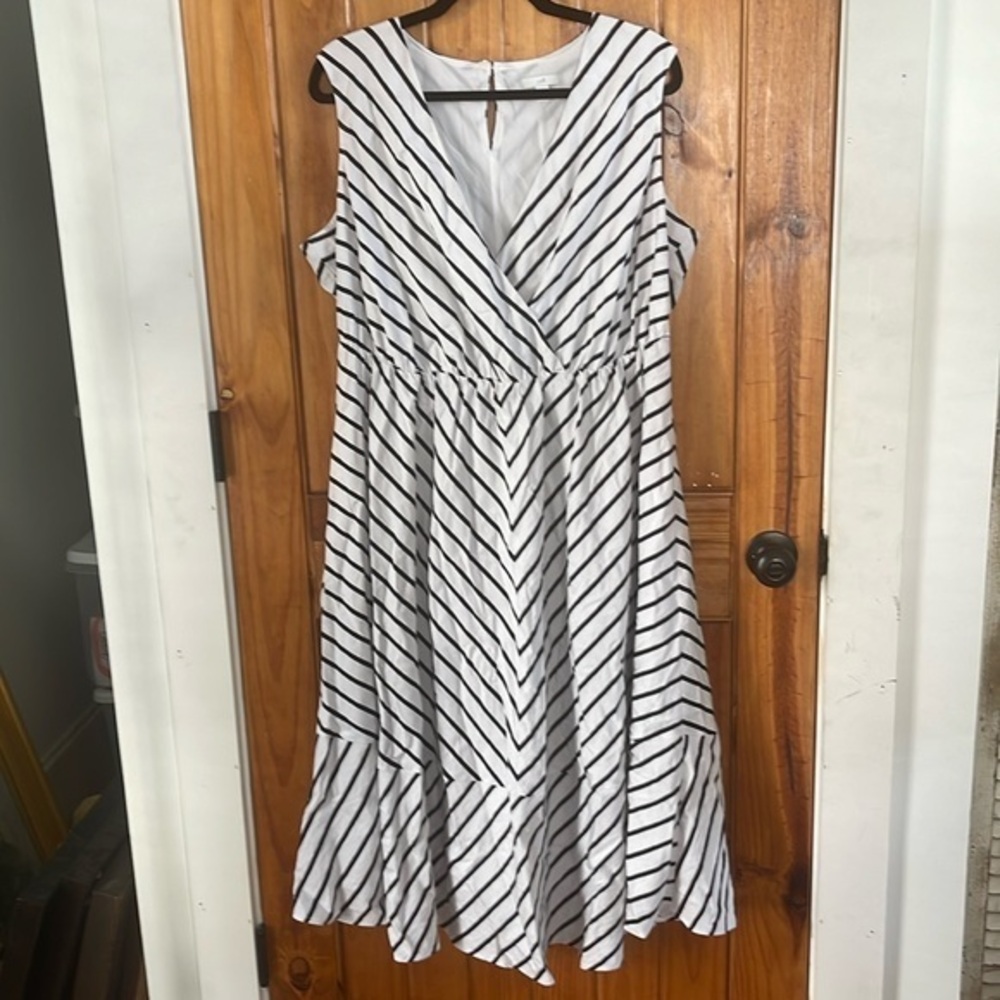 J Jill Navy Blue White Striped V Neck Wrap Dress elastic waist Midi Petite XL